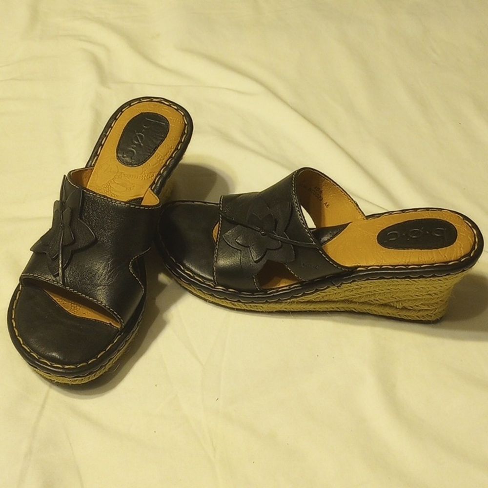 Black b.o.c. Leather Wedge Sandals with Flower